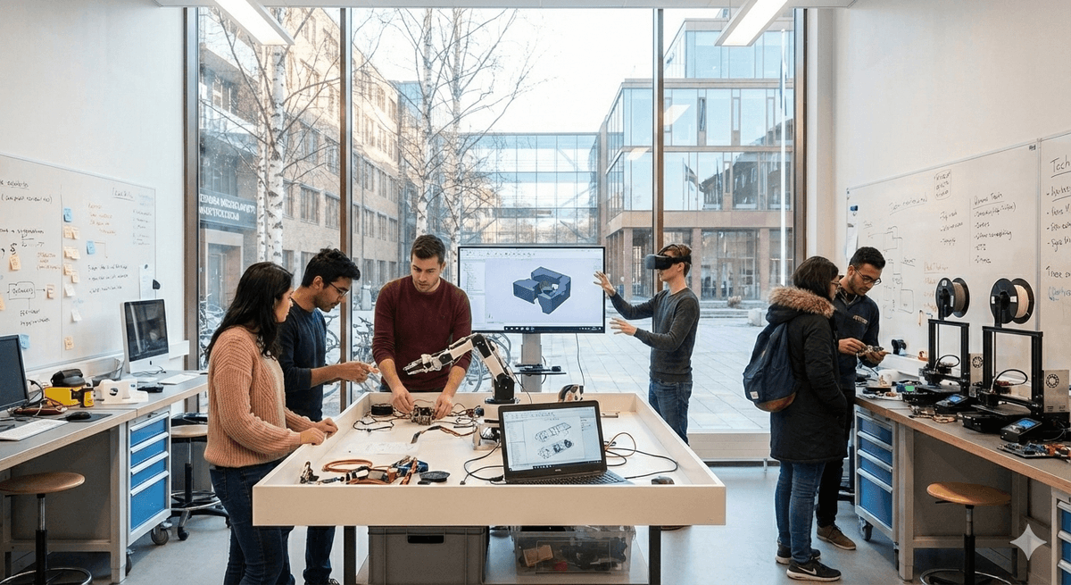Swedish university innovation lab with students working on tech projects